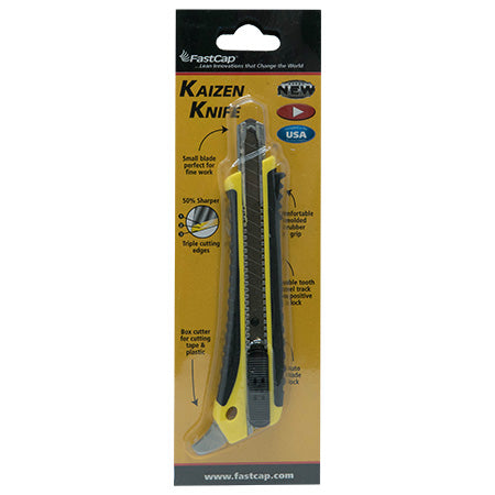 Packaged Kaizen Knife with a retractable blade and rubberized grip, displayed in front of a yellow background.