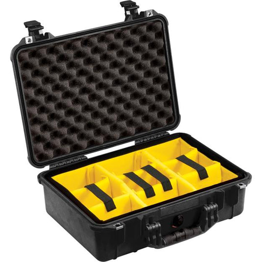A black Pelican 1504 camera case with yellow padded dividers and foam lining the lid.