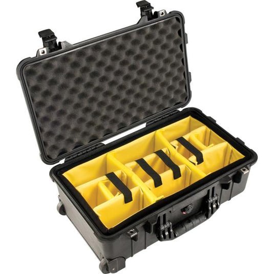 A black Pelican 1514 camera case with yellow padded dividers and foam lining the lid.
