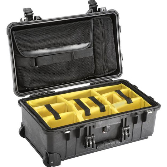 A black Pelican 1510SC carry-on studio case with yellow padded dividers, and a lid organizer.