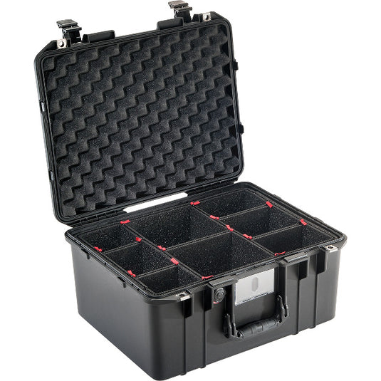 A black Pelican 1557 TrekPak Air Case with a black interior, open and showing the divider set inside.