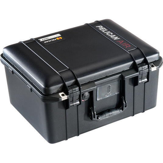 A black Pelican 1557 TrekPak Air Case closed and showing the handle and business card holder.