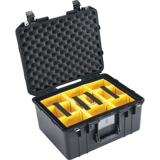 A black Pelican 1557 Air Camera Case with yellow padded dividers, open and showing the interior.