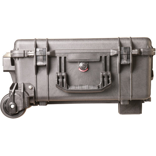 A black Pelican 1560M case closed, showing the wheels, handles, and latches.