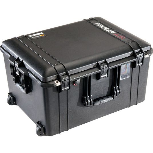 A black Pelican 1637 Air Case closed, showing the handles and business card holder.