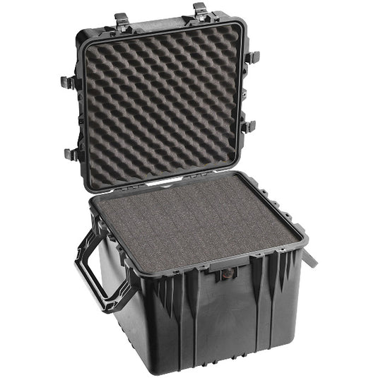 A black Pelican 0350 Cube Case with foam interior.