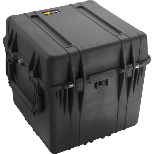 A black Pelican 0350 Cube Case closed, showing the exterior handles and latches.
