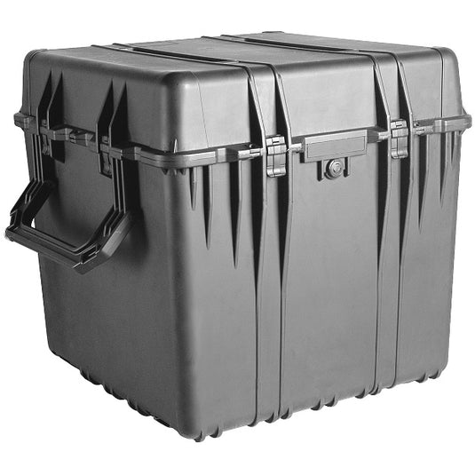 A black Pelican 0370 Cube Case closed showing the exterior handles and latches.
