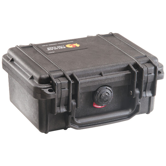 A black Pelican 1120 case closed, showing the handle and latches.