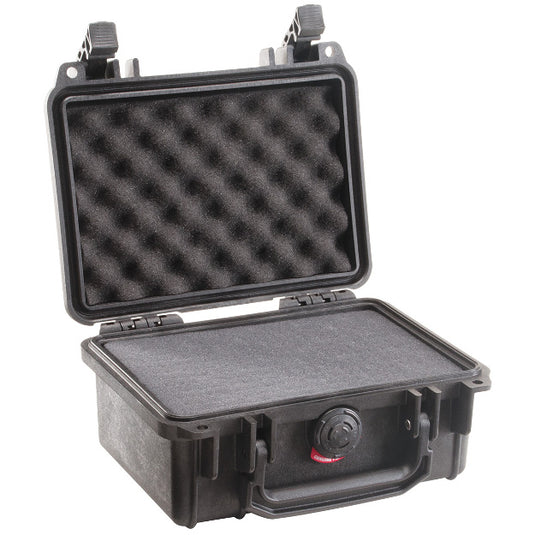 A black Pelican 1120 case with foam interior.