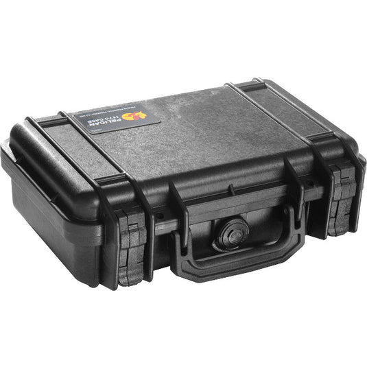 A black Pelican 1170 case closed, showing the handle and latches on the exterior of the case.