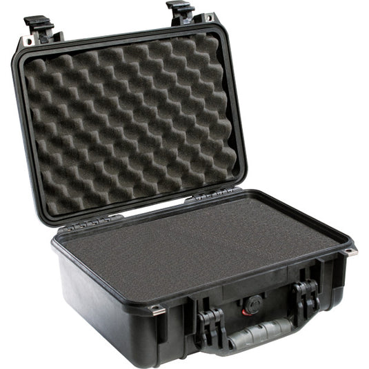 A black Pelican 1450 case open with a foam interior.