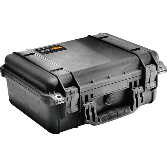 A black Pelican 1450 case closed, showing the handle and latches.