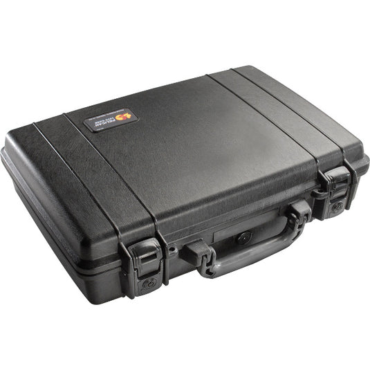 A black Pelican 1470 laptop case closed, showing the exterior handle and latches.