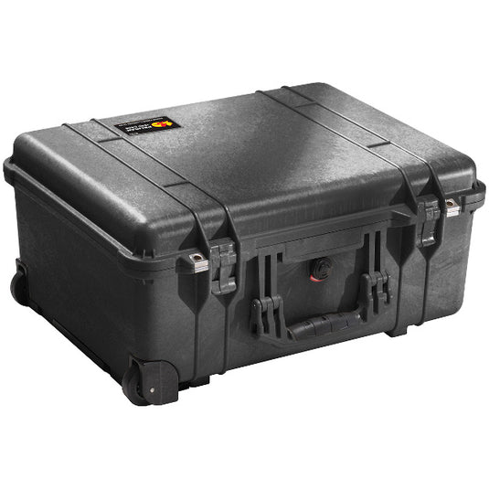 A black Pelican 1564 camera case closed, showing its wheels, handle, and latches.