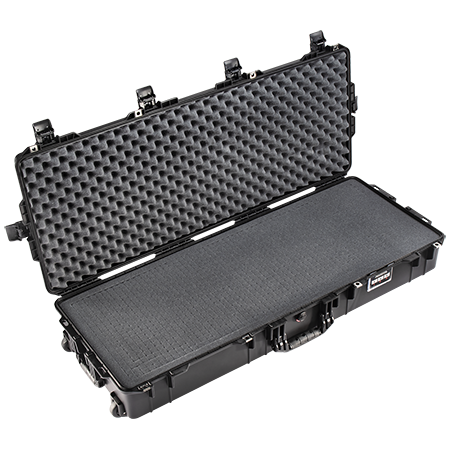 A black Pelican 1745 Air Long Case open, showing the foam padding inside.