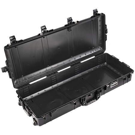 A black Pelican 1745 Air Long Case open with no foam inside.