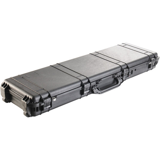 A black Pelican 1750 Long Case closed, showing the wheels, handle, and latches.