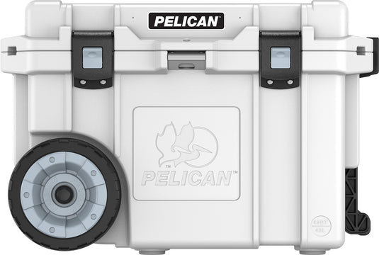 A white Pelican 45QW Elite cooler with wheels, featuring the brand's logo.