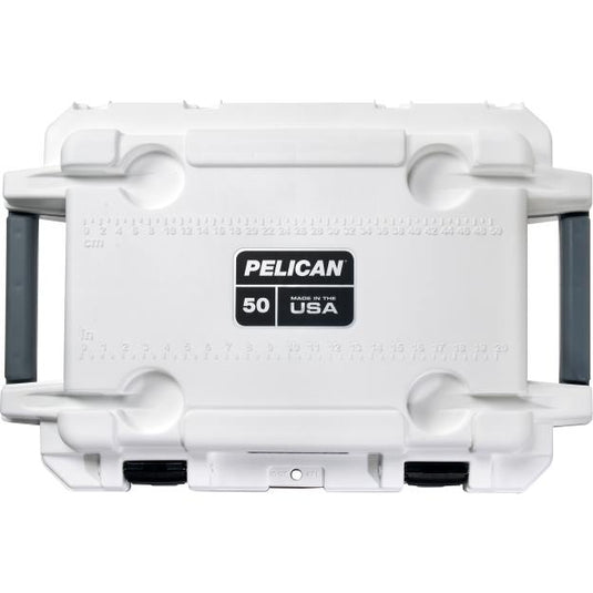 The top of a white Pelican 50QT Elite Cooler showing the built in ruler for fishing and 4 cup holders.