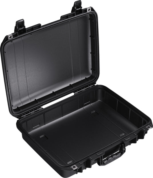 A black Pelican 1505 Air case open with no foam.