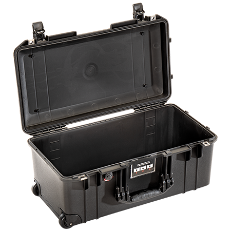 A black Pelican 1556 Air Case open with no foam inside.