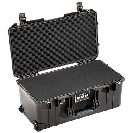 A black Pelican 1556 Air Case with foam interior, shown open and empty.