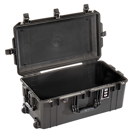 A black Pelican 1606 Air Case open with no foam inside.