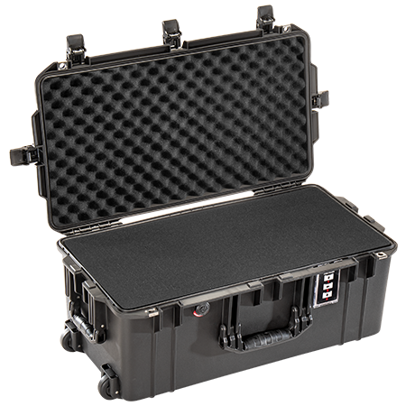 A black Pelican 1606 Air Case with its lid open, showing the foam interior.