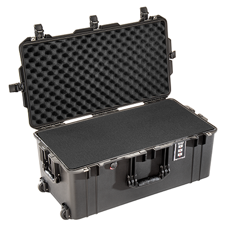 A black Pelican 1626 Air Case with open lid, showing the foam interior