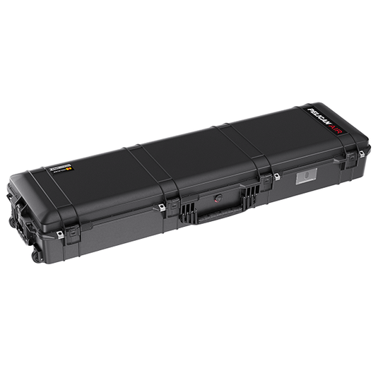 A black Pelican 1755 Air Case closed showing the handles and the business card holder.