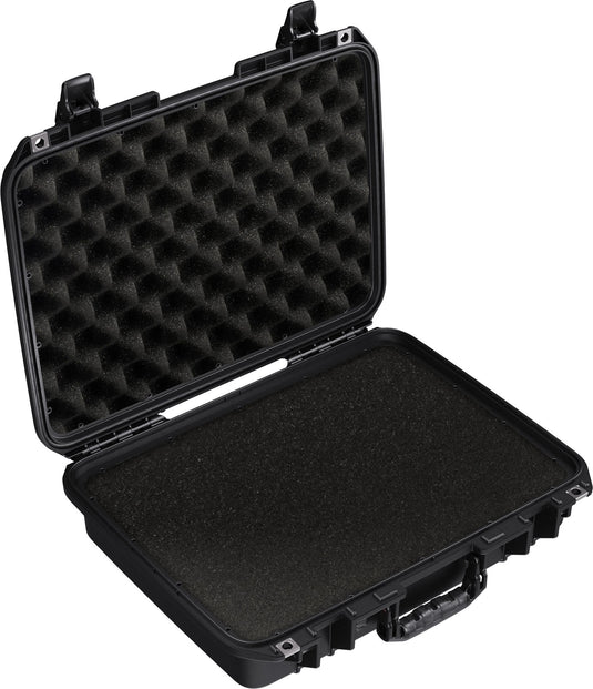 A black Pelican 1505 Air case with foam lining, open, showcasing its interior.