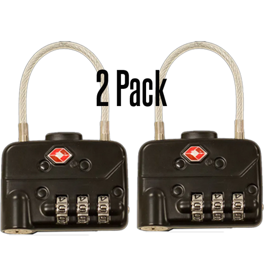 Two black TSA combination cable padlocks with the red TSA logo on the front and numeric combination dials.