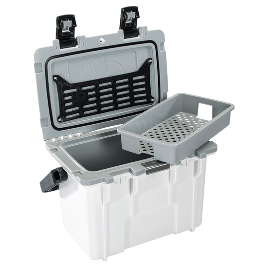 A white Pelican 14QT Elite Cooler with the lid open showing the gray removeable tray.