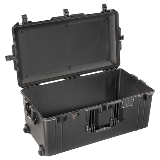 A black Pelican 1646 Air Case open with no foam inside.