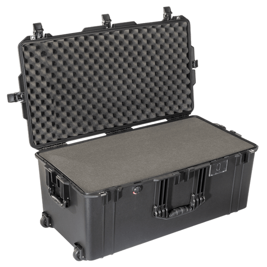 A black Pelican 1646 Air Case with open lid revealing a foam interior.