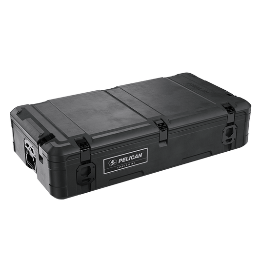 A black Pelican Cargo BX140R case with a secure locking mechanism and handles on the sides.