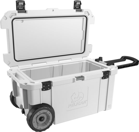 A white Pelican 65QW Cooler open.