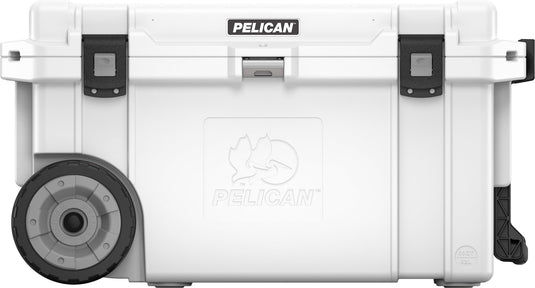 A white Pelican 65QW Elite Wheeled Cooler with black latches and wheels.