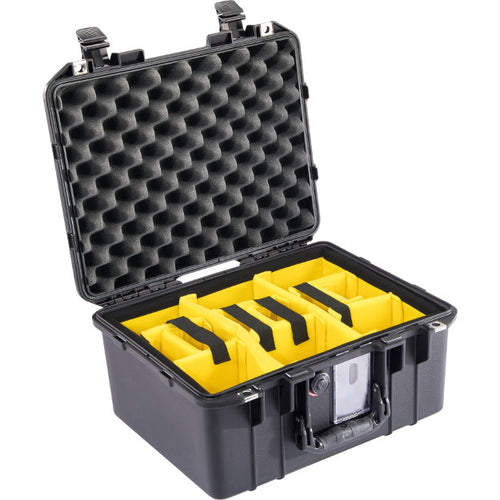 A black Pelican 1507 Air Camera Case with yellow padded dividers, open and showing the interior.