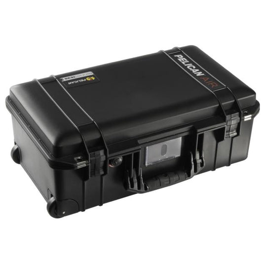 A black Pelican 1535 Air Carry-On Case closed showing its handle and business card holder.