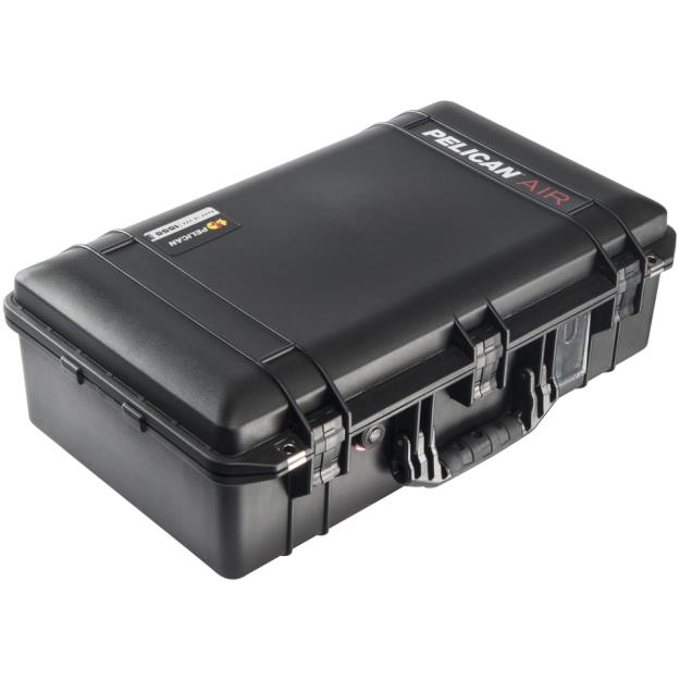 Load image into Gallery viewer, A black Pelican 1555 Air Camera Case closed showing its handle and business card holder.
