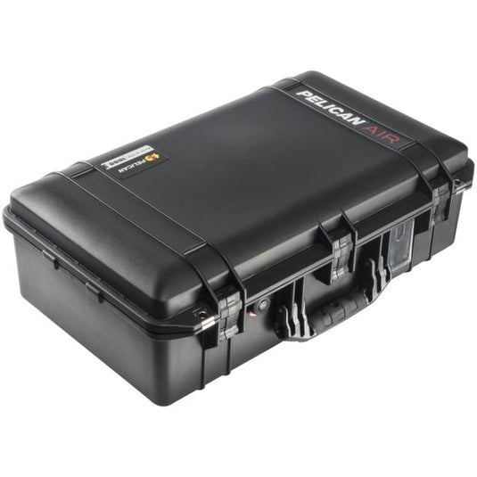 A black Pelican 1555 Air Camera Case closed showing its handle and business card holder.