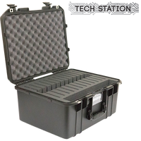 A black Pelican 1557 Air case open showing its iPad storage with foam interior for protection.