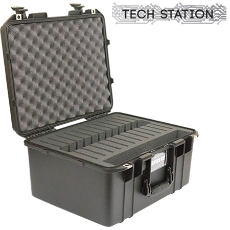 A black Pelican 1557 Air case open showing its iPad storage with foam interior for protection.