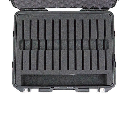Load image into Gallery viewer, A black Pelican 1557 Air case open with a closeup of the foam cut specifically to carry and protect iPads.
