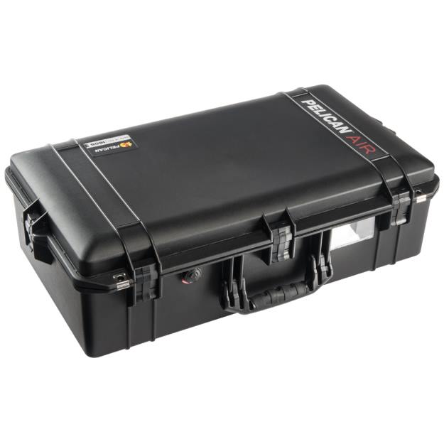 Load image into Gallery viewer, A black Pelican 1605 Air Camera Case closed showing its handle and business card holder.
