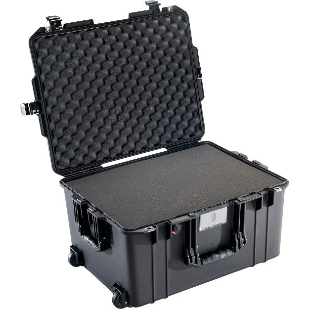 A black Pelican 1607 Air Case with its lid open, showing the foam interior.