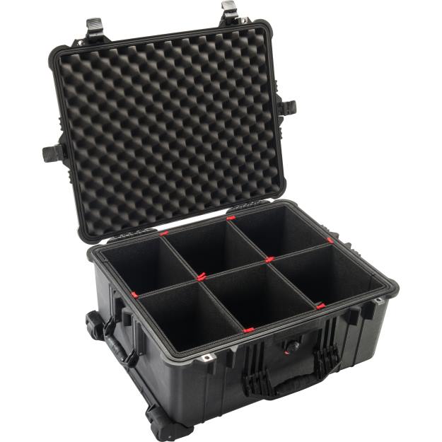 A black Pelican 1610 TrekPak case with its lid open, showing the interior with dividers.