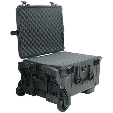 A black Pelican 1620M case with heavy-duty wheels and a pull handle, open with a padded interior.